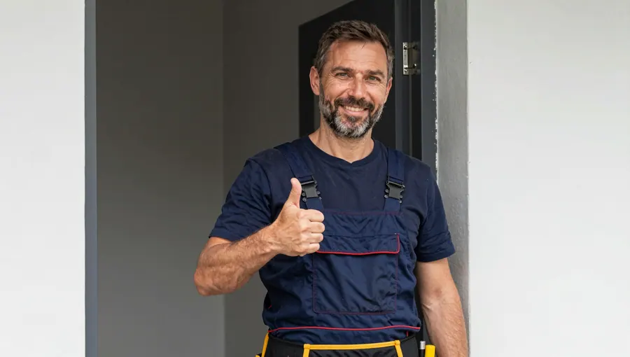 Monteur in Arbeitslatzhose steht vor einer geöffneten Wohnungstür