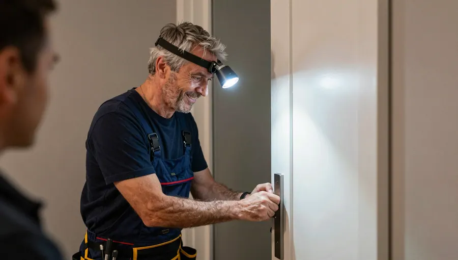 Monteur arbeitet mit Stirnlampe an einer Wohnungstür