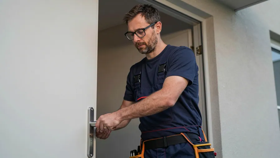 Monteur mit Brille prüft den Drücker einer Wohnungstür